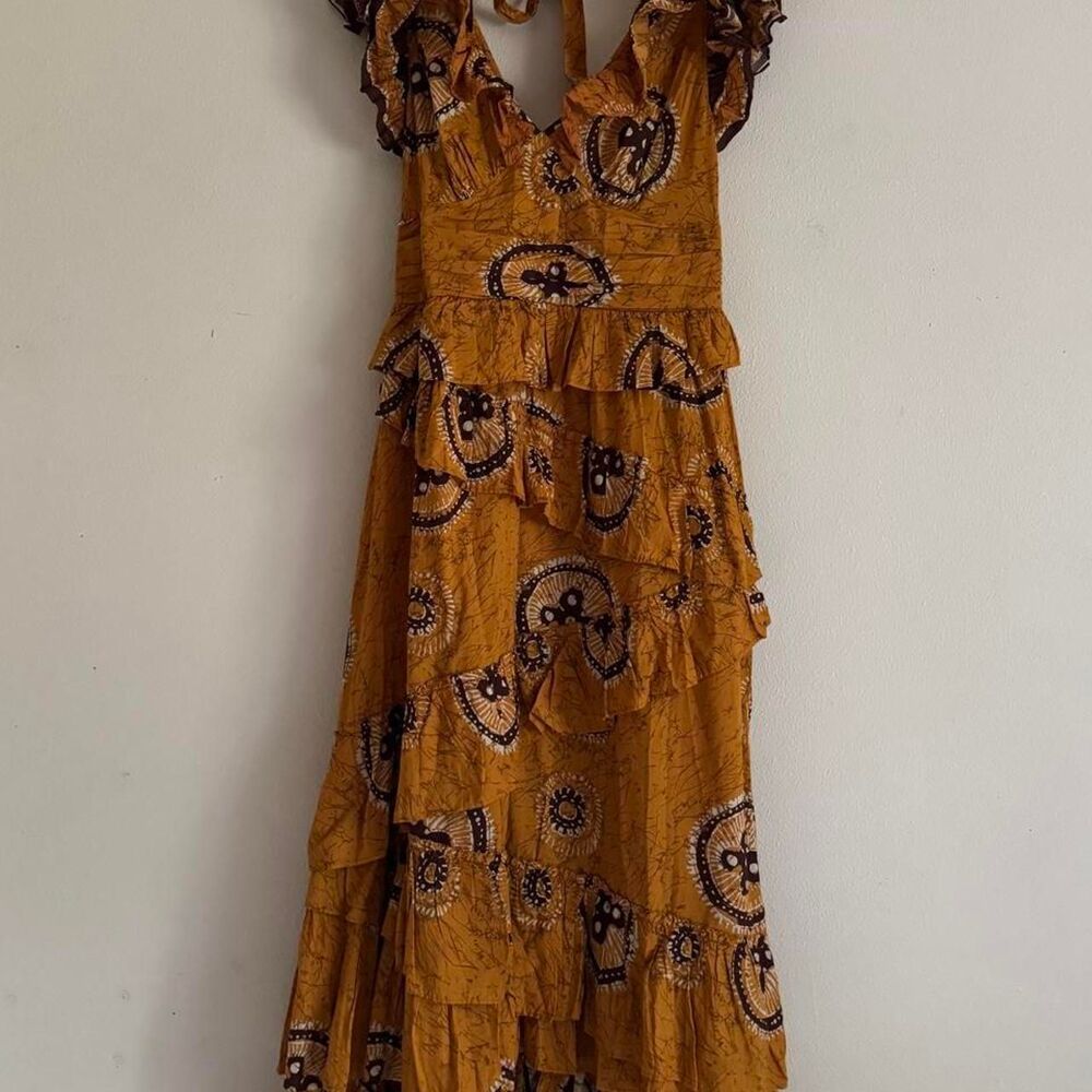 Anthropologie Love the Label Adrienne Gold Yellow Ruffled Boho Maxi Dress Medium - Picture 2 of 8